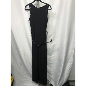 Michael Kors Black Grommet Belted Maxi Dress Sleeveless Exposed Zipper  M Women